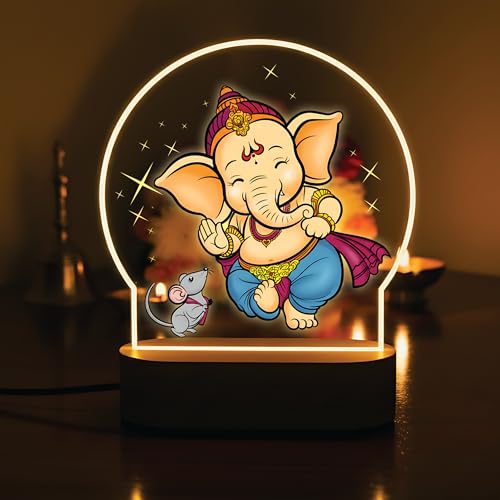 Image of Giftplease Lord Ganesha LED Night Light - Warm Glow Decorative Table Lamp - Divine Bal Ganesha & Mooshak Design for Pooja Room, Office Desk, and Home Decor GL 01