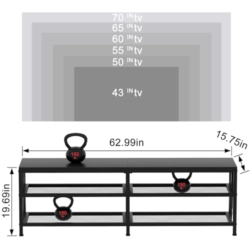 Image of 63 inch TV Stand for TVs up to 70 Inch with 3-Tier Storage Shelves | Black Modern 63 inch Long Industrial TV Console Table, Entertainment Center for Living Room, Bedroom