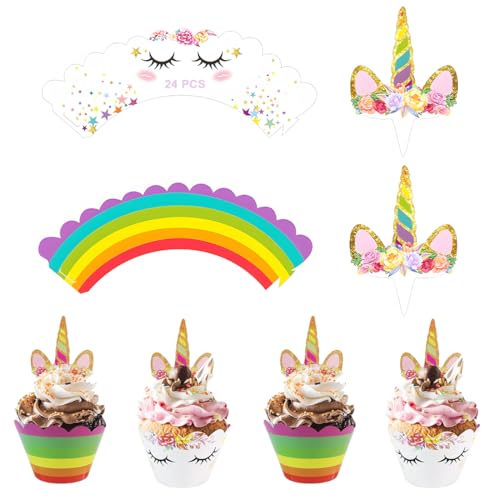 Topper per Torte di Unicorno,24 Set Cupcake Toppers e Wrappers Decorazioni per Cupcake Unicorno CakeTopper Compleanno Decorazioni Torta,per Bambina Bambini Tema Party Regalo