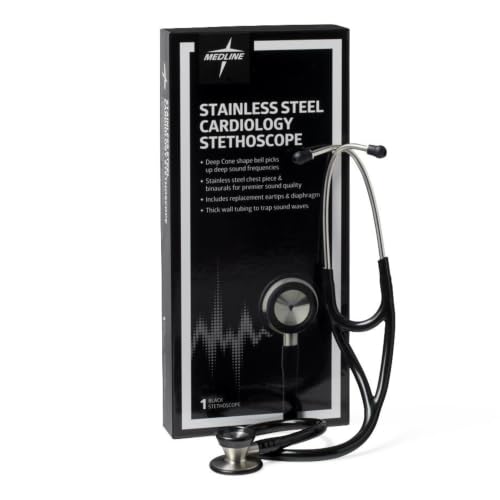 Medline Elite Stainless Steel Cardiology Stethoscope, Black, Acoustically Superior