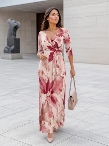 Image of SUZONANA Plus Size Dresses for Women Floral Print Maxi Dress Flowy 3 /4 Sleeve with Belt