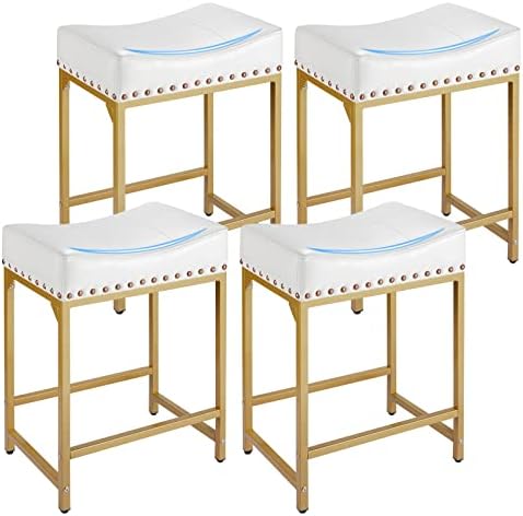 FLYZC Bar Stools Set of 4 Counter Height, 24" Modern White & Gold Counter Stools Set of 4, Stools for Kitchen Counter, Modern White Barstools Saddle Stool Backless Island Chairs (White+Gold)