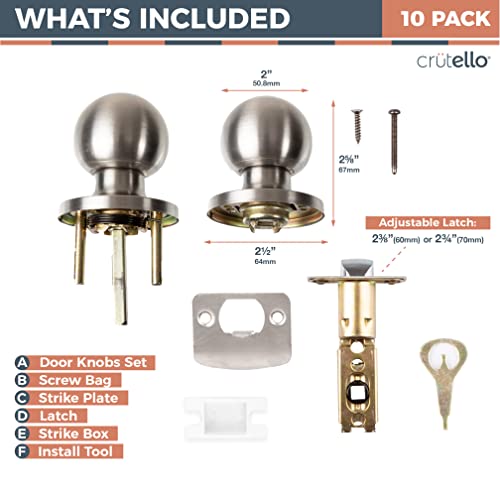 Crutello Passage Door Knob For Hall And Closet - Ball Style, Satin Nickel Interior Keyless Non Locking Indoor Doorknob, Round Door Handle, Satin Nickel, 10 Pack #TOP1