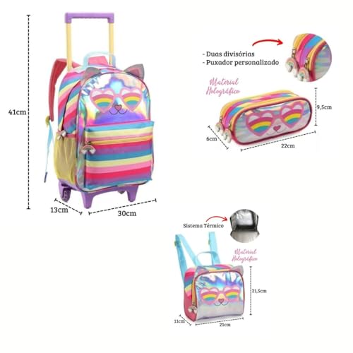 Kit Mochila Infantil Escolar Menina Gatinha Óculos 3 Peças com Rodinhas Denlex…