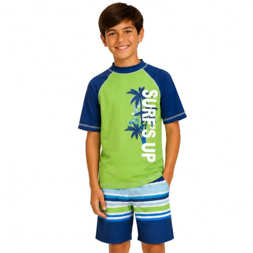 Image of iXtreme Boys Swim Set - 2 Piece Rash Guard Short Sleeve Swim Shirt and Boys Swim Trunks for Infants Toddlers & Big Boys