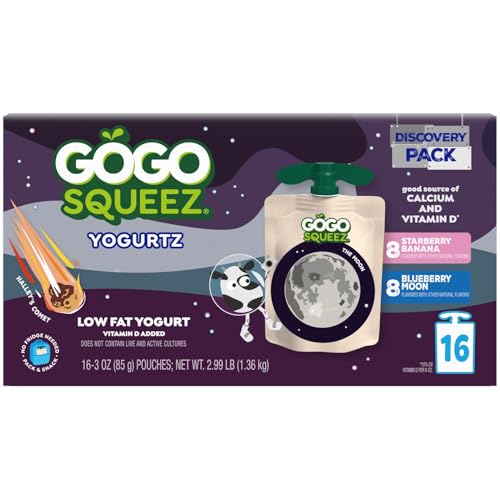 Image of GoGo SqueeZ Low Fat YogurtZ Space Discovery Variety Pack, Strawberry Banana and Blueberry Moon 3 oz Pouches (Pack of 16), Kids Snacks Made from Real Yogurt and Fruit, Gluten Free, Nut Free, Recloseable Cap, BPA Free