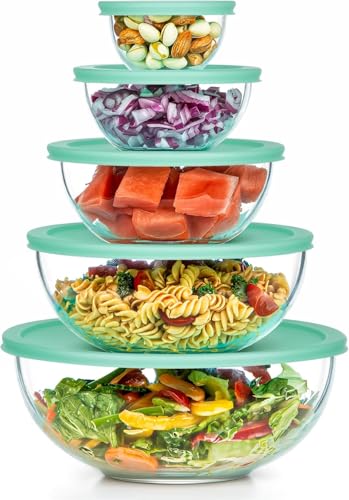 Vtopmart 5er Set Salatschüssel mit Deckel, Stapelbare Rührschüssel Glas, 3.3L/2L/1L/0.47L/0.19L, BPA-Frei, Spülmaschinenfest & Mikrowellengeeignet (ohne Deckel), für Salat, Obst (Grün)