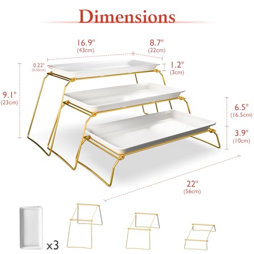3-Tier Plastic Serving Tray Set for Party, 17 Platters with 3 Collapsible Metal Stand for Sevring Food, Dessert, Veggie, Fruit, Cookies, Premium-PBT Plastic, Microwave-Safe (Gold) - Image 4