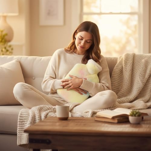Image of Hot Water Bag with Soft Plush Cover 1000ml, Medical-Grade Silicone Hot & Cold Therapy Hot Water Bottle for Period Cramps, Back Pain, Muscle Aches & Body Relaxation & Comfort (Pastel Ombre)
