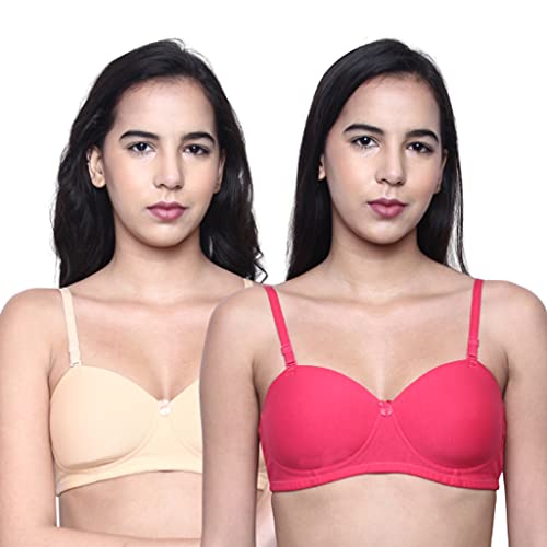 Image of INKURV Cotton Rich Padded T-Shirt Bra for Women, Seamless, Non-Wired with Detachable Straps, Sweet Heart Neckline, Everyday Bra 3 /4th Coverage with no spillage- ROMI Combo of 2