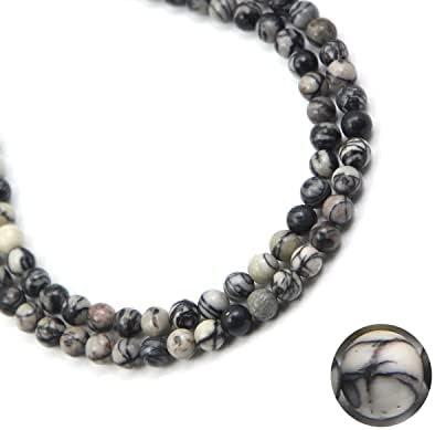 Qiwan Natural Round Loose Beads Jewelry Making DIY Bracelet Necklace Material 1 Strand 15 Inches (6mm, Natural Black Striped Zebra Stone)