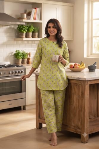 Image of Women's Pure Cotton Printed Night Suit,Top and Relaxed Pajama Set, Stylish Sleepwear, Casual Wear