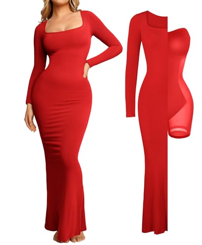 Image of Popilush Long Sleeve Formal Dress with Built in Shapewear Bra Maxi Dress