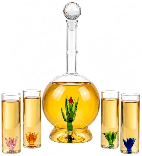 Tequila Aloe Decanter Set with Agave Plant - 750mL Bottle Four Shot Glasses Glass Agave Design Ideal for Bars Tequila Parties Unique Gift for Him or Her Stylish Home Decor Piece for Any Occasion