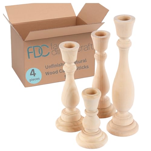 Unfinished Natural Wood Candle Sticks Set in Varied Heights by