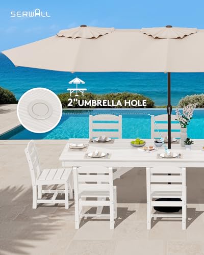 Image of SERWALL 9 Piece 84 inch HDPE Outdoor Dining Set for 8 with Armless Chairs and Umbrelle Hole, White