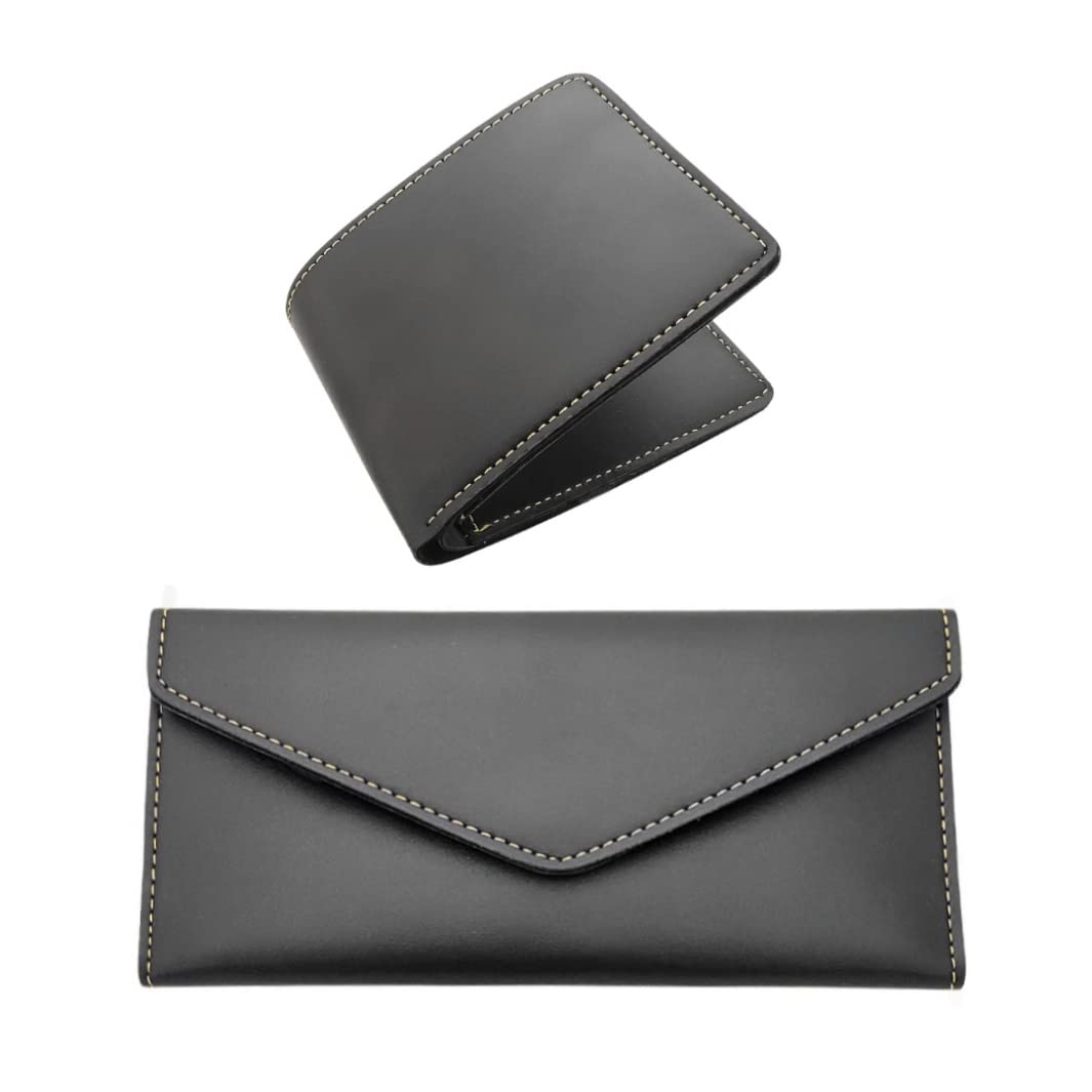 Plain Finish Genuine PU Leather Women Clutch and Wallet Combo for Couple/Couple Combo Set of Women Clutch and Wallet (Black)-image-36