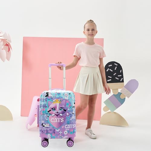 Image of Cute Cat Kid's Luggage Set 2 Piece Suitcase Set 16 inch Hardside Luggage with Spinner Wheels Girls Carry on Toddler Travel Rolling Luggage Airline Approved