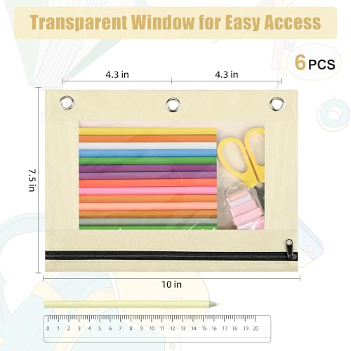 Image of Lanpn Pencil Pouch for 3 Ring Binder 6 Pack, Aesthetic Binder Pen Bags with Zipper, 3 Holes Pencil Pouches Organizer for Boy Girl Kids School Student, Reinforced Grommets & Clear Window, Beige