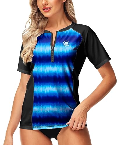 Image of AOBUTE Women Zip Rash Guard UPF 50+ Gradient Short Sleeve Swim Top Surf Shirts