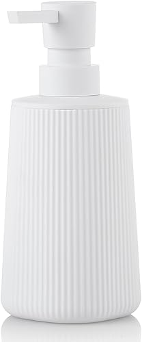 Dispensador de jabón pequeño para baño y cocina, dispensador de jabón de manos de plástico moderno estilo granja a rayas con bomba blanco mate