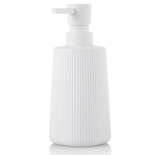 Small Soap Dispenser for Bathroom and Kitchen, Modern Farmhouse Striped Style Plastic Hand Soap Dish Soap Dispenser with Pump Matte White