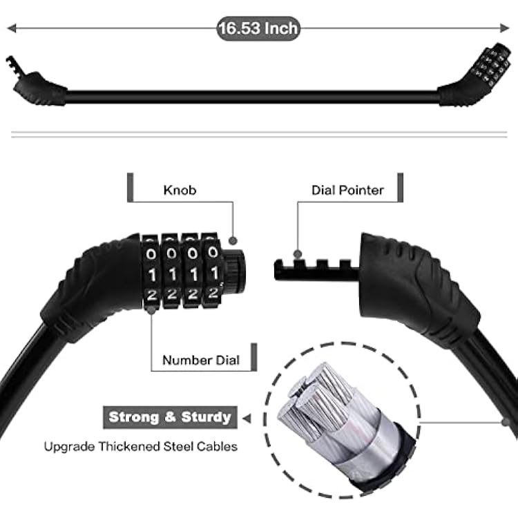 2 Pcs Security 4 Digit Resettable Combined Bike Cable Lock، Portable Code Lock for Bicycle، Black