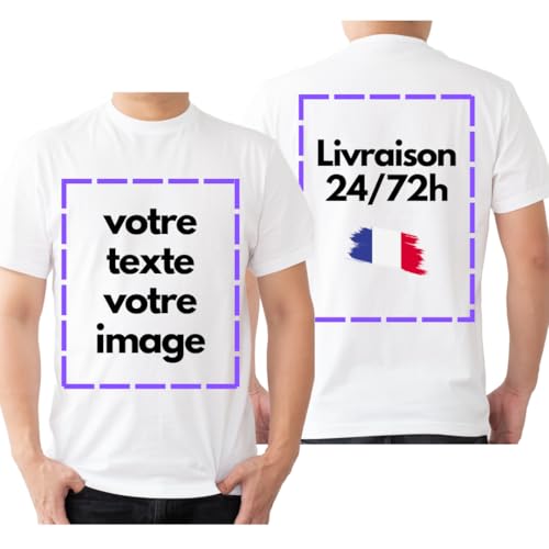 T-Shirt Personnalisé Recto/Verso Blanc Noir Unisexe Homme/Femme - 100% Coton - Ajoutez Texte et/ou Logo (FR/ES, Alpha/Lettres, L, Taille Normale, Taille Normale, Blanc)