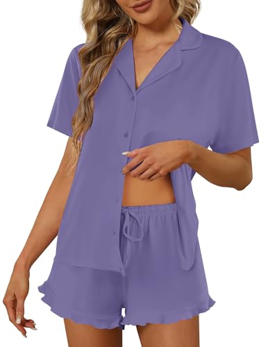 Image of Ekouaer Pajamas Set for Women Short Sleeve Sleepwear Button Down Pjs Lounge Sets Soft Nightwear