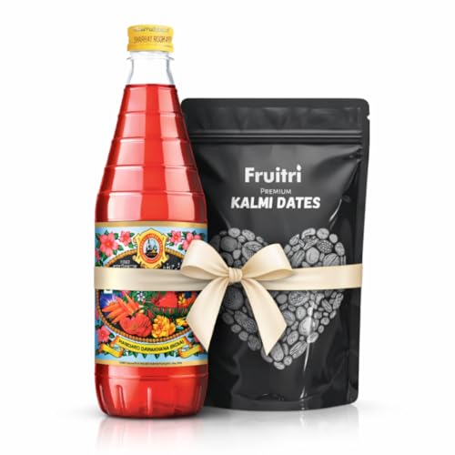 Fruitri Combo - Hamdard Rooh Afza Sharbat (750ml) & Premium Kalmi Dates (250g) | Authentic Saudi Khajur & Rose Sharbat | Natural Energy Booster for Iftar & Summer