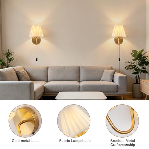 Image of Plug in Wall Sconces Set of Two, Fabric Shade Wall Light with On /Off Switch, Plug in Wall Mount Lamps Wall Decor Set of 2, Gold Sconces Wall Lighting Fixture for Bedroom Bedside Living Room Porch