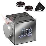 New & Improved - Sony Projector Dual Alarm Clock with Extendable Snooze, 5 Nature Sounds, AM/FM Radio, Built-in Calendar, Large LED Display & USB Port (Black) + 2 Sony Rplc. Batteries + HeroFiber