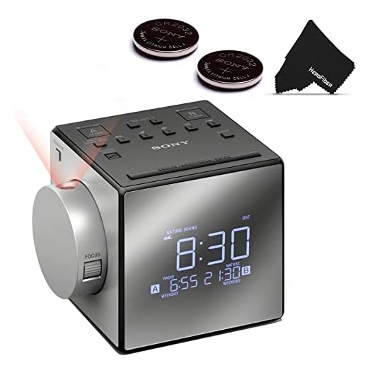 New & Improved - Sony Projector Dual Alarm Clock with Extendable Snooze, 5 Nature Sounds, AM/FM Radio, Built-in Calendar, Large LED Display & USB Port (Black) + 2 Sony Rplc. Batteries + HeroFiber