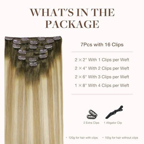 Image of GOO GOO Clip in Hair Extensions Real Human Hair, Remy Human Hair Extensions Clip ins for Women, Natural Human Hair, 16inch 120g 7Pcs, 5A /90 /16F Bahamian Balayage