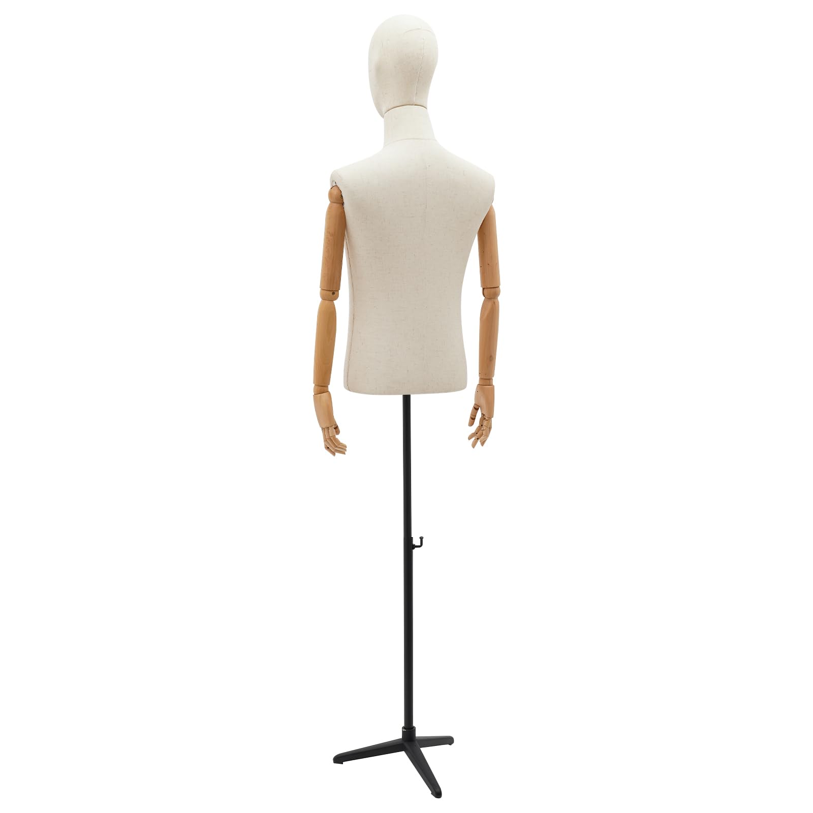 Männliche Schneiderpuppe Schaufensterpuppe Höhenverstellbar, Mannequin Büste mit Kopf und Holz Armen Hände, Kleiderpuppe mit Dreifuß für Bekleidungsgeschäft Anzug