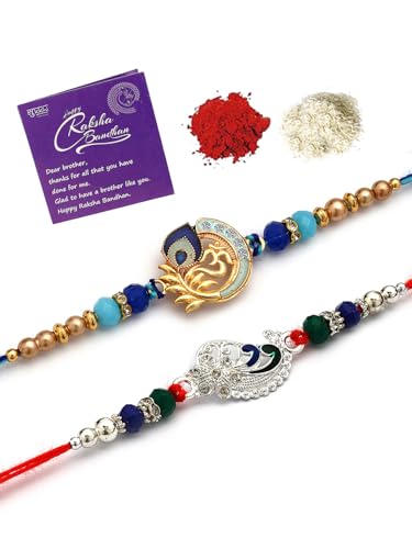 Image of Sukkhi Rakhi Iconic Designer Kundan Meenakari Red Green Gold Plated Premium Rakhi for Brother with Roli Chawal & Greeting Card|Rakhi for Brother /Bhaiya /Bhai /Men|Rakhi Combo-Set of 2