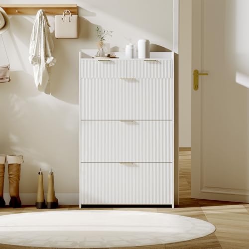 Garvee Shoe Storage Cabinet for Entryway with 2 Flip Drawers, 31.5" Fluted Slim Shoe Cabinet with Adjustable Shelf, Freestanding Wooden Rack Organizer for Hallway, White