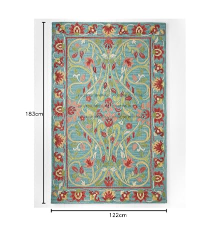 Image of Modern Floral Hand Tufted Loop Pile Carpet for Living Room & Bedroom Green & Multi Colour 4x6 Feet Carpet