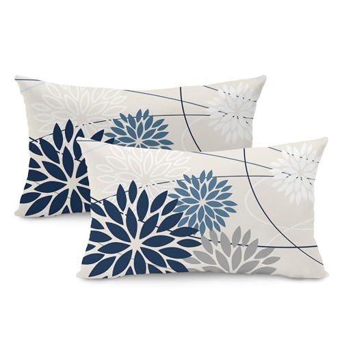Blue and Gray Floral Pillow Covers 12x20 Set of 2 Outdoor Waterproof White Colored Decorative Throw Pillows Summer Pillowcase Polyester Cushion Case Decor for Couch Patio Funiture Garden Porch 01B12