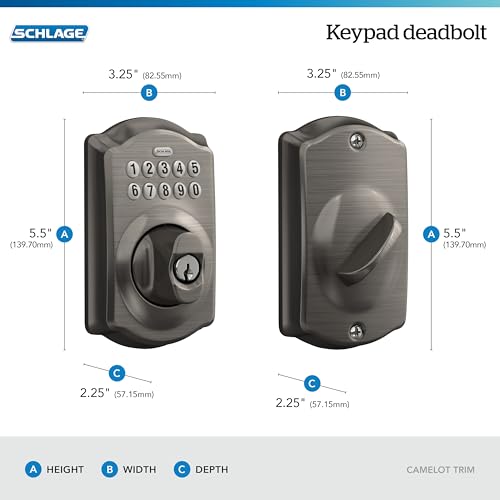 Image of Schlage Camelot Electronic Keypad Deadbolt Lock, Keyless Front Door Entry, Mechanical Key Backup Included, Antique Pewter, BE365 CAM 620