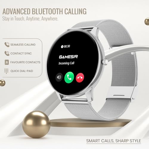 Image of GameSir Glavito Round Dial Smartwatch with 1.49 inch AMOLED Display, 100+ Sports Modes, Bluetooth Calling, Functional Crown Control, Health Tracking, 100+ Watch Faces for Men & Women (Millanese Silver)