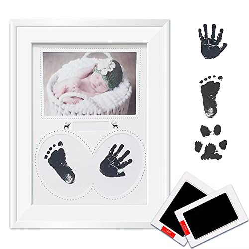 JIJICZ Baby Hand Und Fußabdruck Tinte Kit 2 Pack Schwarz Clean Touch Stempelkissen Handabdruck Und Fußabdruck Bilderrahmen Für Neugeborene Mädchen Jungen 0-6 Monate Pfotenabdruck Geschenke Weiß Cover