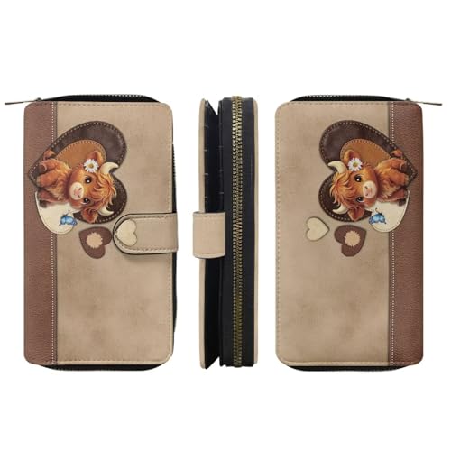 Image of COEQINE Ladies Wallets Pink Leopard Heart Black Printed Leather Phone Long Clutch Purses Check Coin Change Holder