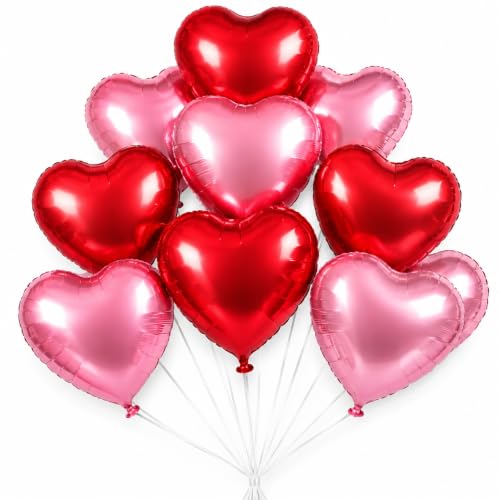 Image of Wanna Party Pack of 10 Red & Pink Heart Shaped Foil Balloons, 18 Inch Helium Quality Balloons for Anniversary, Birthday, Wedding, Valentine's Day & Romantic Party Decoration