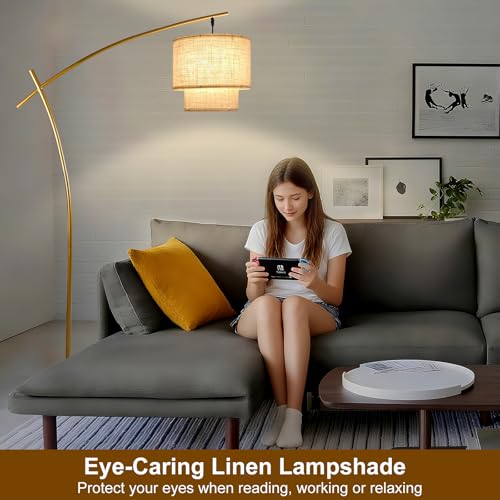 Image of Lightdot Arc Floor Lamp for Living Room, Modern Standing Tall Lamps with Double Linen Shade, Tall Hanging Pole Lamp with Stable Base & Bulb Included for Bedroom /Sofa Beside /Corner Decor-Gold