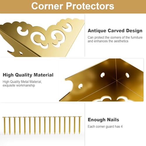 Image of 4 Pcs Corner Protectors for Furniture,Retro Style Guard Cabinet Furniture Corner Bumpers for Jewelry Box Gift Box Wooden Case Cabinet Furniture Decorative (Gold)