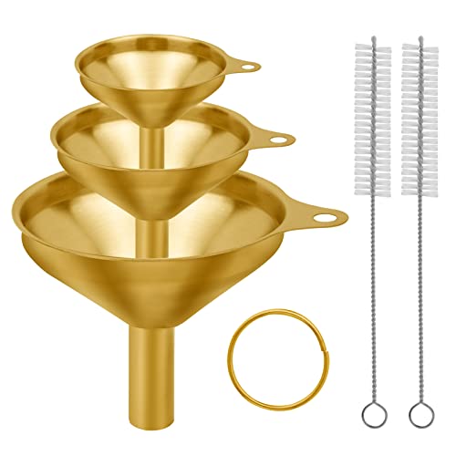 Snailhouse 3 Stück Kleine Trichter aus Edelstahl mit Reinigungsbürste zum Befüllen von Flaschen, Kücheneinsatz, Gold (4,5/5,4/7,5 cm)