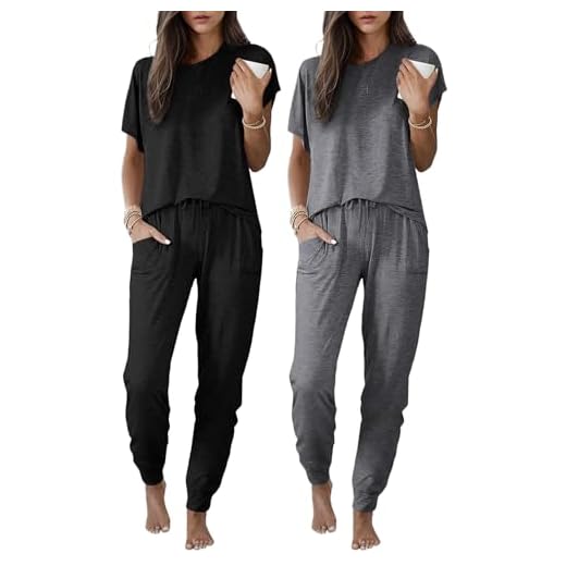 Ekouaer 2 Pack Womens Pajama Short Sleeve Jogger Pants Pjs Lounge Set