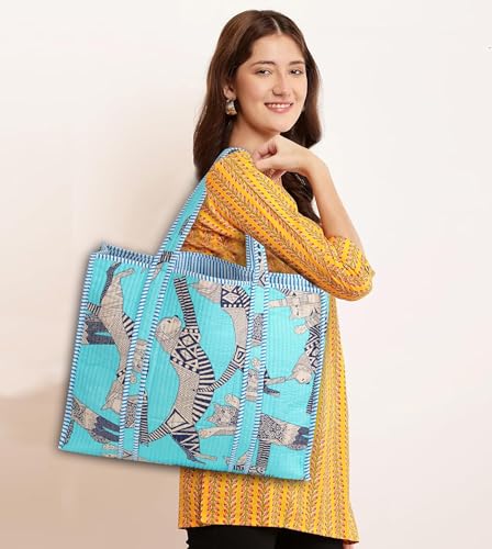 Image of Cotton Tiger Block Print Tote Bag, Indian Handmade Shopping Shoulder Bag, Unisex Market Daily Use