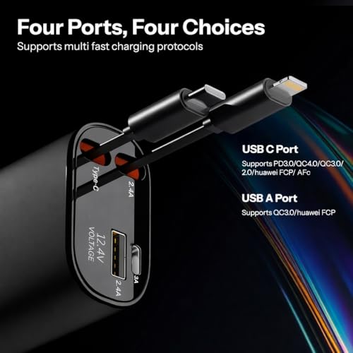 Image of 45W Fast Car Charger with 3-in-1 Cable | PD & QC Super Fast Charging | Type-C + USB-A Output | Supports Dash, Warp, VOOC |Compatible with Cars for iPhone & Android Smartphone (Retractable)